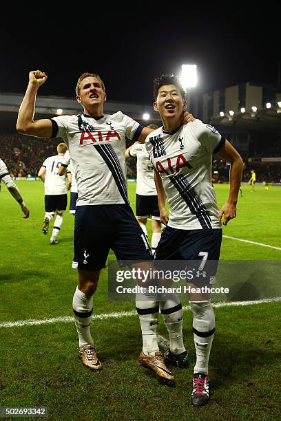 Son Heung-min of Tottenham Hotspur celebrates scoring his team's second goal with his team mate Harry Kane during the Barclays Premier League match...