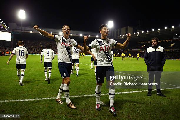 Son Heung-min of Tottenham Hotspur celebrates scoring his team's second goal with his team mate Harry Kane during the Barclays Premier League match...