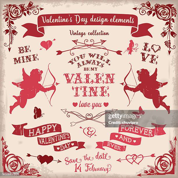 valentine's day vintage design elements set in burgundy colors - cupid stock illustrations