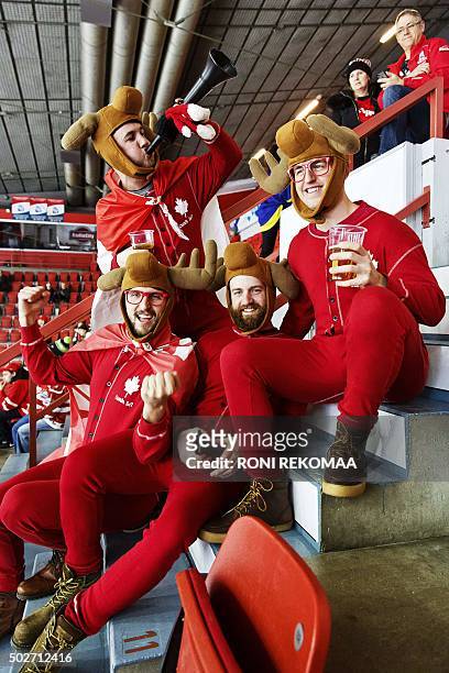From left, Canadian hockey fans Brock Hutchinson, Coady Hines , Brent Macsween and Shawn Neily pose prior to the 2016 IIHF World Junior Ice Hockey...