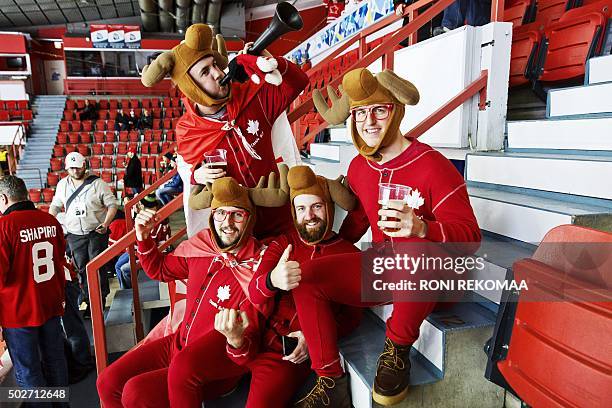 Canadian hockey fans Brock Hutchinson, Coady Hines , Brent Macsween and Shawn Neily pose prior to the 2016 IIHF World Junior Ice Hockey Championship...
