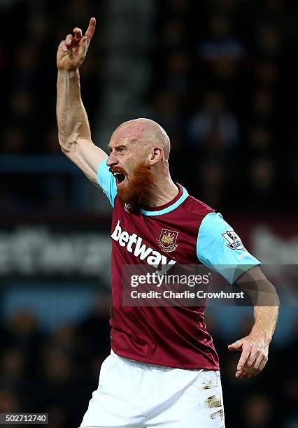 James Collins of West Ham United reacts during the Barclays Premier League match between West Ham United and Southampton at the Boleyn Ground on...