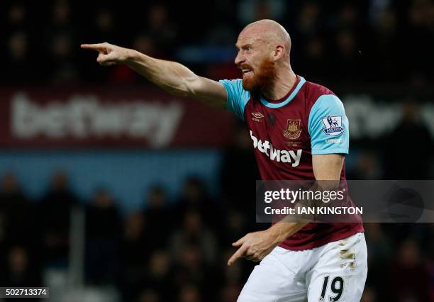 West Ham United's Welsh defender James Collins gestures during the English Premier League football match between West Ham United and Southampton at...