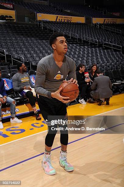 Angelo Russell of the Los Angeles Lakers warms up before the game against the Los Angeles Clippers at STAPLES Center on December 25, 2015 in Los...