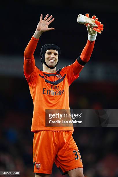 Petr Cech of Arsenal applauds the fans after his team's 2-0 win in the Barclays Premier League match between Arsenal and A.F.C. Bournemouth at...