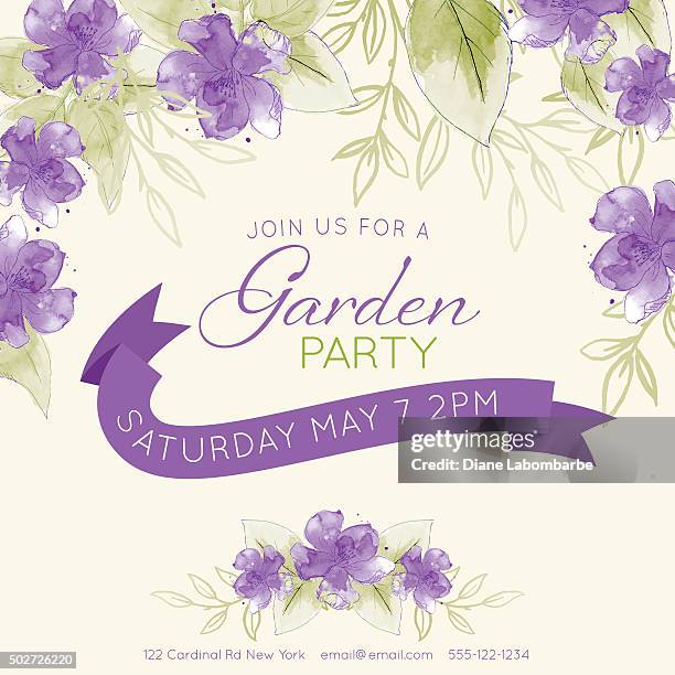 weibliche aquarell blumen garten-party-einladung vorlage - gartenparty stock-grafiken, -clipart, -cartoons und -symbole
