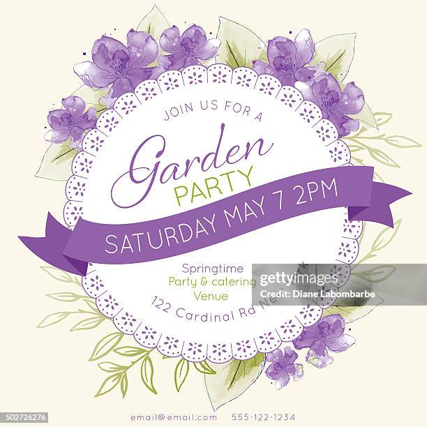 pretty feminine watercolor flowers garden party invitation template - tea party invite stock illustrations