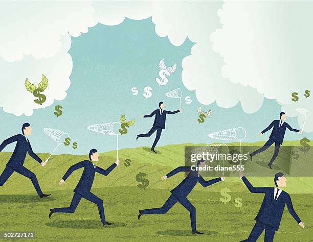 businessmen chasing money with butterfly nets - butterfly net stock illustrations