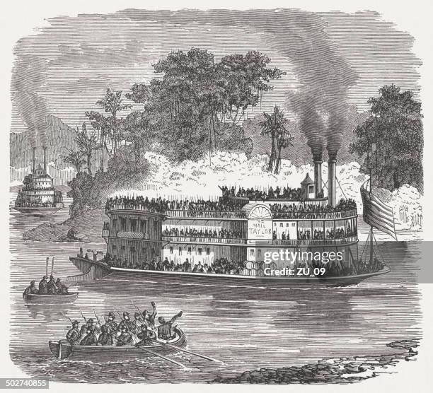 paddle steamer in american civil war, wood engraving, published 1880 - us marine corps 幅插畫檔、美工圖案、卡通及圖標