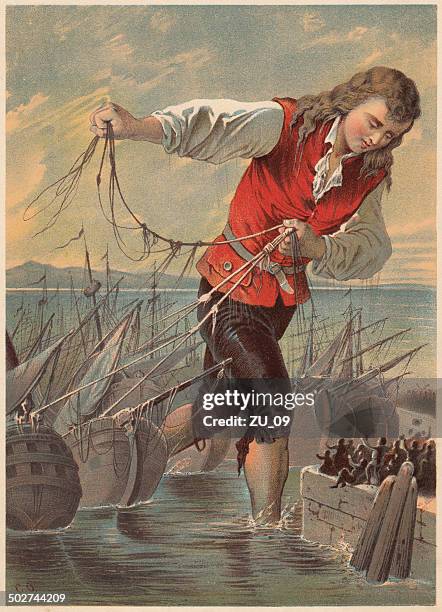 gulliver captured the enemy's fleet by the blefuscudians, lithograph, c.1880 - lilliput stock illustrations