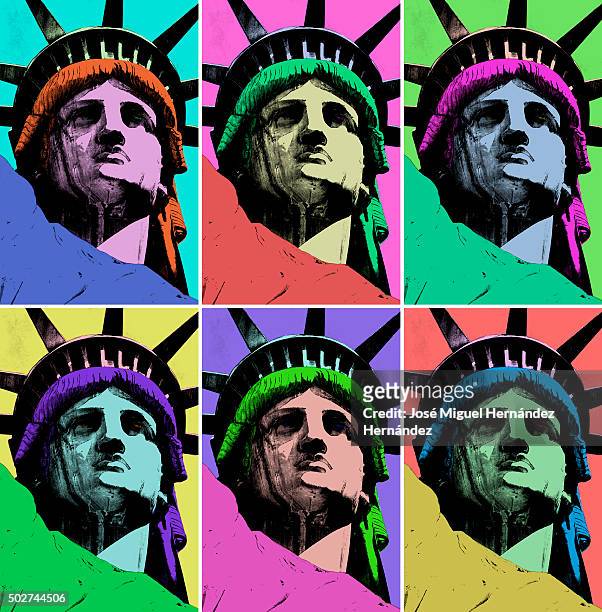 ilustraciones, imágenes clip art, dibujos animados e iconos de stock de lady liberty pop art - statue of liberty drawing