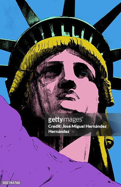 ilustraciones, imágenes clip art, dibujos animados e iconos de stock de lady liberty pop art - statue of liberty drawing