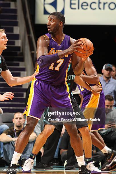 Roy Hibbert of the Los Angeles Lakers handles the ball during the game against the Charlotte Hornets on December 28, 2015 at Time Warner Cable Arena...