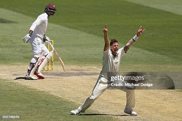 James Pattinson of Australia appeals unsuccessfully for a LBW against Marlon Samuels of the West Indies during day four of the Second Test match...