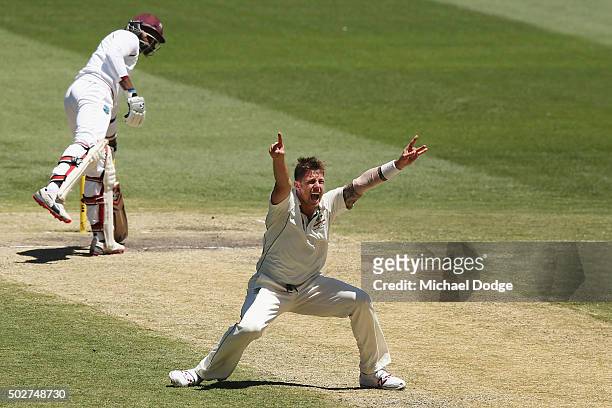James Pattinson of Australia appeals unsuccessfully for a LBW against Marlon Samuels of the West Indies during day four of the Second Test match...