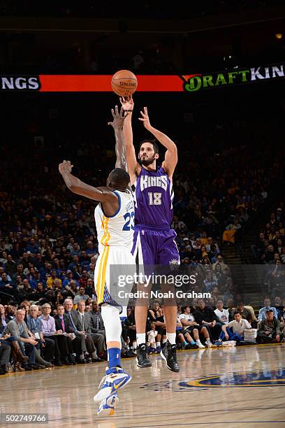 Omri Casspi of the Sacramento Kings shoots the ball against the Golden State Warriors on December 28, 2015 at ORACLE Arena in Oakland, California....