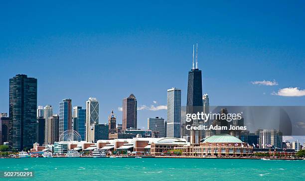 offshore view of navy pier - chicago bildbanksfoton och bilder