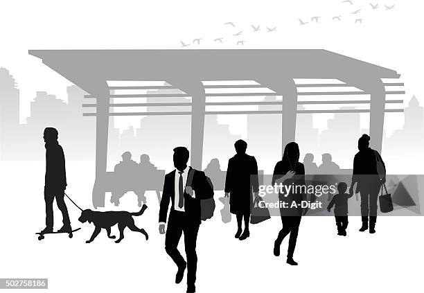 urban lifestyle silhouette cartoon people - bus shelter isolated stock illustrations