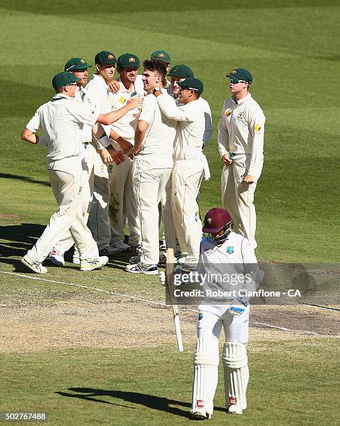 Mitch Marsh of Australia celebrates after taking the wicket of Denesh Ramdin of the West Indies during day four of the Second Test match between...