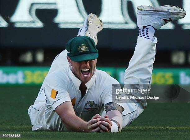 James Pattinson of Australia take the matvh winning catch during day four of the Second Test match between Australia and the West Indies at Melbourne...