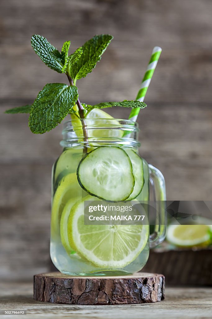 Cucumber, lemon and mint infused water.