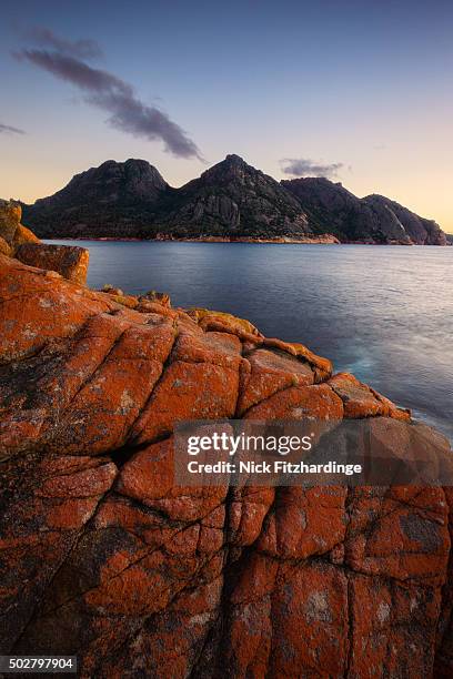 dawn over wineglas bay and a section of rock covered in red lichen with the hazards mountain range behind, freycinet national park, tasmania, australia - wineglass bay stock pictures, royalty-free photos & images