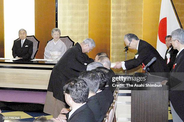 Emperor Akihito and Empress Michiko attend the Japan Art Academy Award Ceremony at the headquarters on June 26, 2006 in Tokyo, Japan.