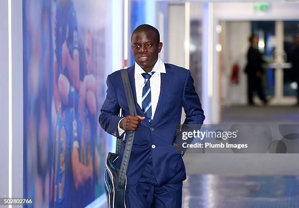 Golo Kante arrives priot to the Barclays Premier League match between Leicester City and Manchester City at the King Power Stadium on December 29,...