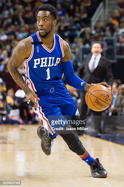 Tony Wroten of the Philadelphia 76ers drives the ball down court during the first half against the Cleveland Cavaliers at Quicken Loans Arena on...