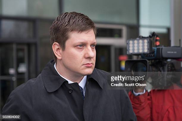 Chicago police officer Jason Van Dyke leaves the Criminal Courts Building after pleading not guilty to first-degree murder charges related to the...