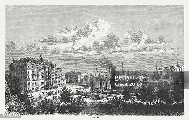 illustrazioni stock, clip art, cartoni animati e icone di tendenza di il porto di stoccolma, pubblicata nel 1875 - palazzo reale