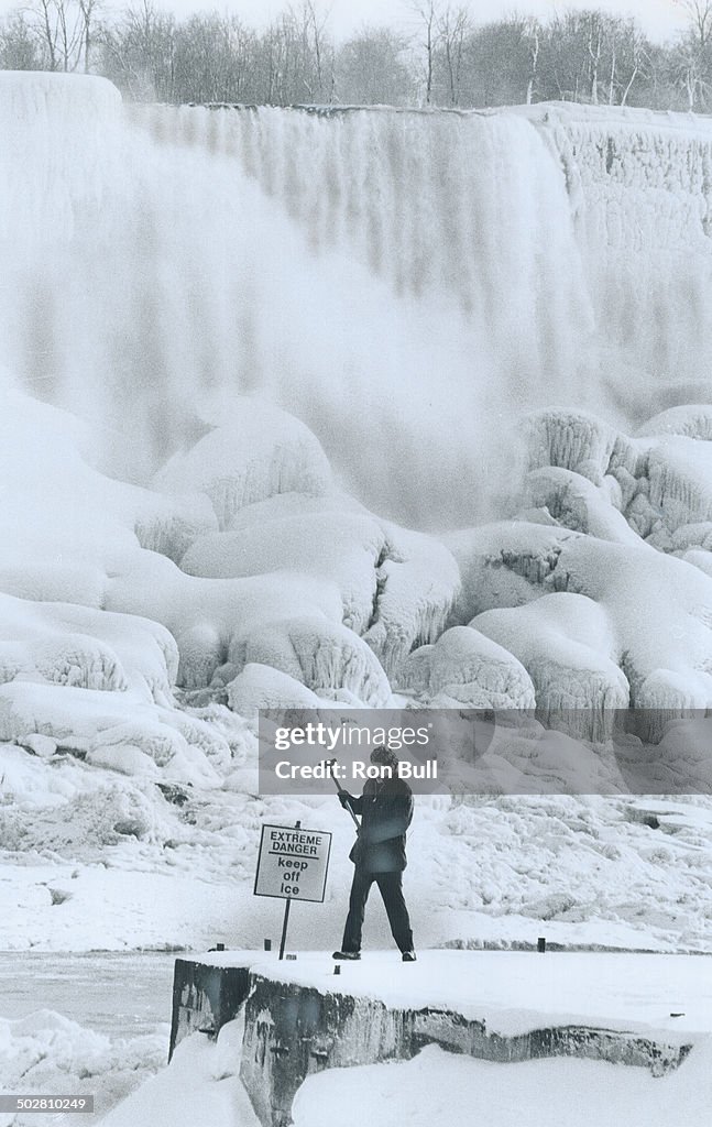 Niagara builds its ice bridge; The ice bridge at the base of Niagara Falls; built up each year by ic