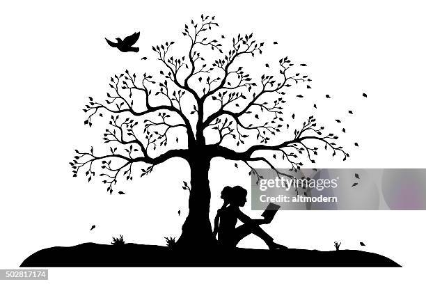 young reading girl under a tree - sitting under tree cartoon stock illustrations
