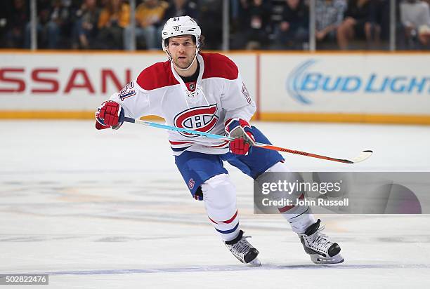 David Desharnais of the Montreal Canadiens skates against the Nashville Predators during an NHL game at Bridgestone Arena on December 21, 2015 in...