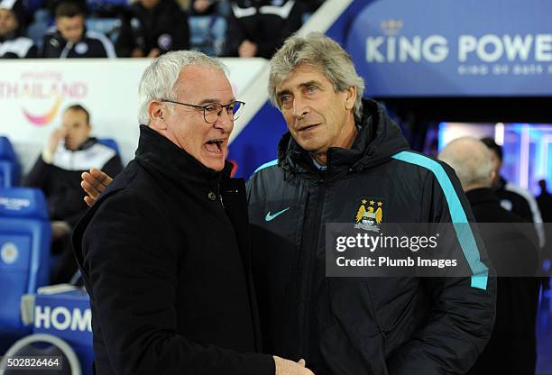 Claudio Ranieri of Leicester City with Manuel Pellegrini of Manchester City at King Power Stadium ahead of the Barclays Premier League match between...