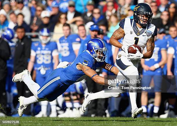 Bryce Treggs of the California Golden Bears pulls in a pass against Brodie Hicks of the Air Force Falcons in the second quarter of the Lockheed...