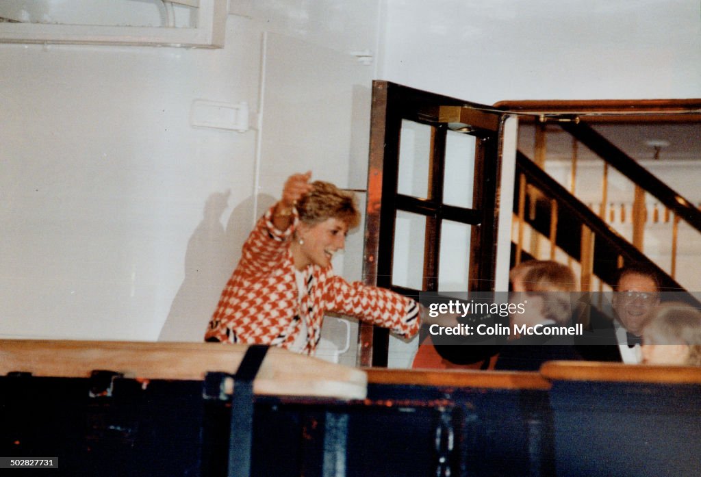 It's Mum!; Diana; Princess of Wales; runs to hug her young sons; Harry and William; after arriving l