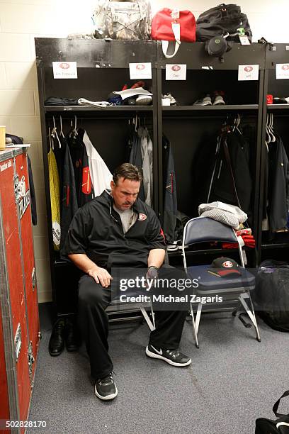 Head Coach Jim Tomsula of the San Francisco 49ers relaxes in the locker room prior to the game against the Detroit Lions at Ford Field on December...