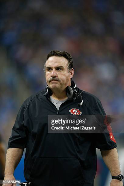 Head Coach Jim Tomsula of the San Francisco 49ers stands on the sideline during the game against the Detroit Lions at Ford Field on December 27, 2015...