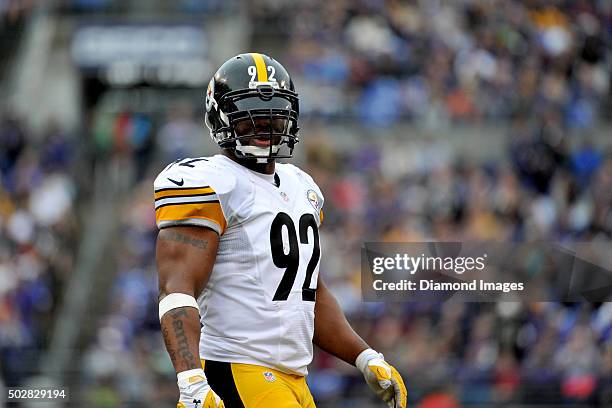 Linebacker James Harrison of the Pittsburgh Steelers walks off the field during a game against the Baltimore Ravens on December 27, 2015 at M&T Bank...