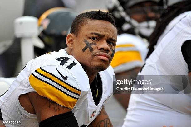 Cornerback Antwon Blake of the Pittsburgh Steelers watches the action from the sideline during a game against the Baltimore Ravens on December 27,...