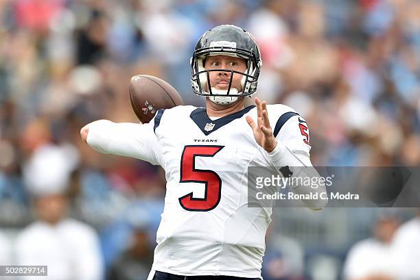 Quarterback Brandon Weeden of the Houston Texans passes against the Tennessee Titans during a NFL game at Nissan Stadium on December 27, 2015 in...