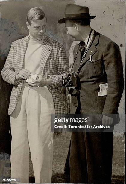 Gordon Sinclair; who interviewed the Duke of Windsor shortly after his arrival in the Bahamas as governor; here chats with him outside the ranch house
