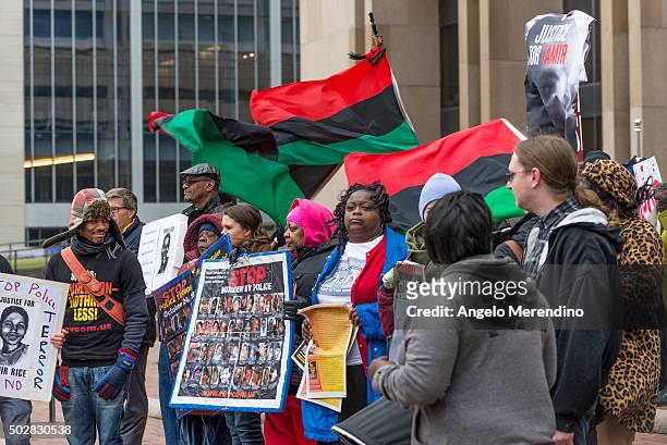 Demonstrators gather outside of The Justice Center on Decmeber 29, 2015 in Cleveland, Ohio. Protestors took to the street the day after a grand jury...