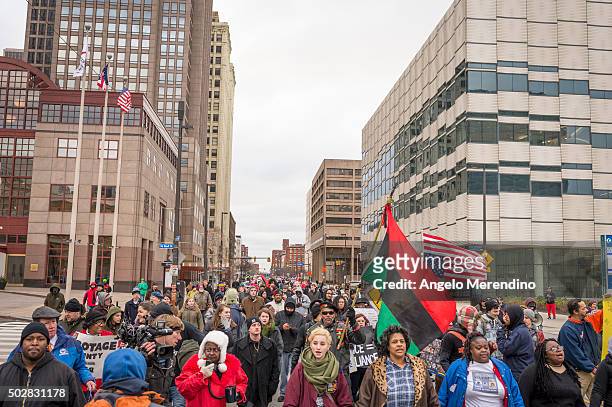Demonstrators fill the St. Clair Ave., blocking traffic, on December 29, 2015 in Cleveland, Ohio. Protestors took to the street the day after a grand...