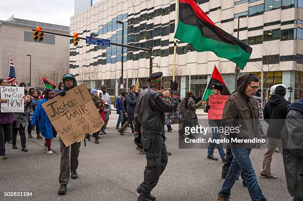 Activists block traffic on St. Clair and E. 6th St. On December 29, 2015 in Cleveland, Ohio. Protestors took to the street the day after a grand jury...