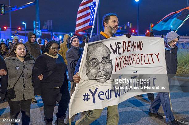 Demonstrators march on Ontario St. On December 29, 2015 in Cleveland, Ohio. Protestors took to the street the day after a grand jury declined to...