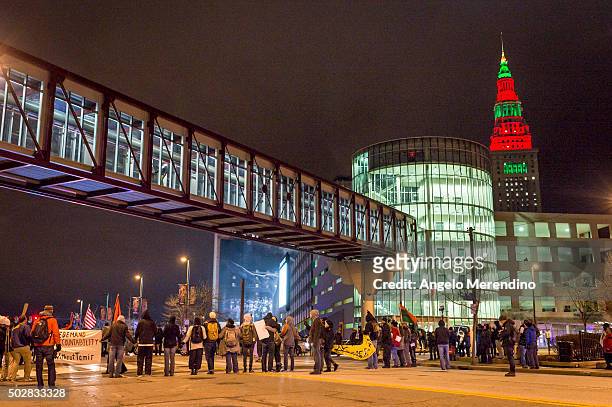 Demonstrators block traffic in front of The Quicken Loans Arena on December 29, 2015 in Cleveland, Ohio. Protestors took to the street the day after...