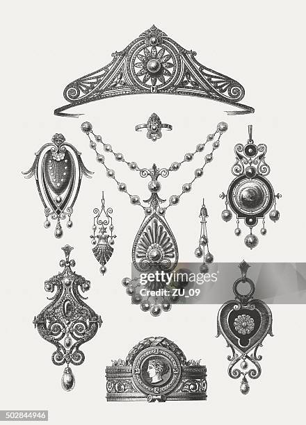 stockillustraties, clipart, cartoons en iconen met goldworks, 19th century, published in 1875 - diadem