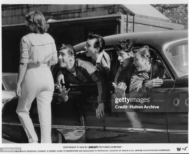 Ken Wahl, John Friedrich, Alan Rosenberg yells to a girl in a scene from the Orion movie "The Wanderers" circa 1979.